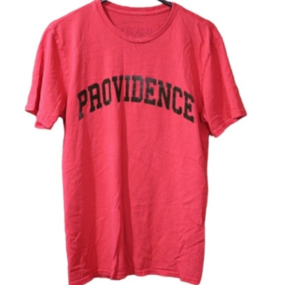 B&H Co Red Spellout Providence Raised Flocked Text TShirt Large